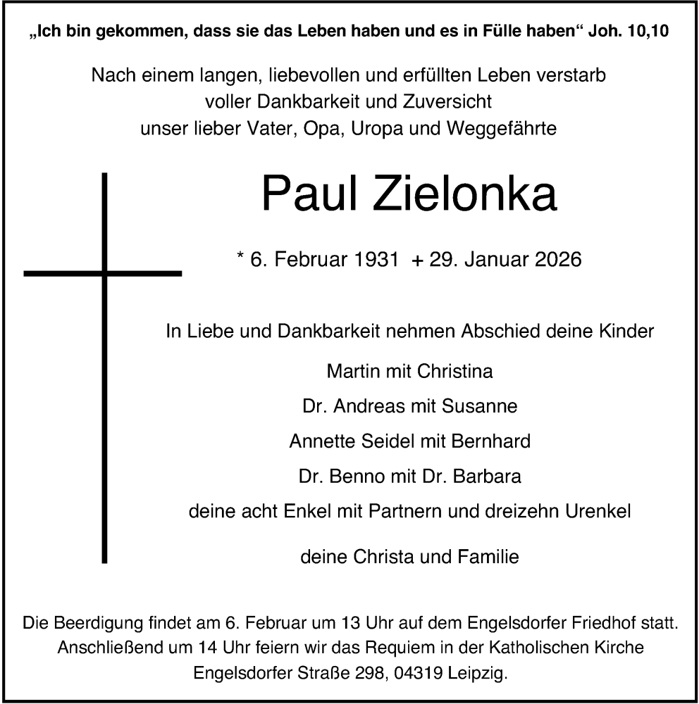  Traueranzeige für Paul Zielonka vom 31.01.2026 aus Leipziger Volkszeitung
