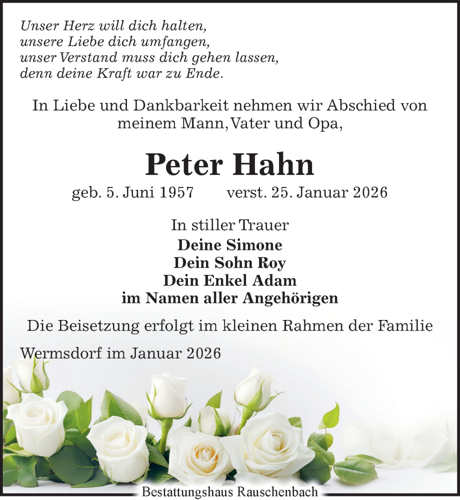  Traueranzeige für Peter Hahn vom 31.01.2026 aus Leipziger Volkszeitung