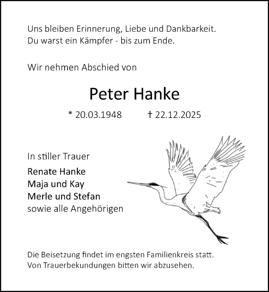 Traueranzeige von Peter Hanke von Lübecker Nachrichten