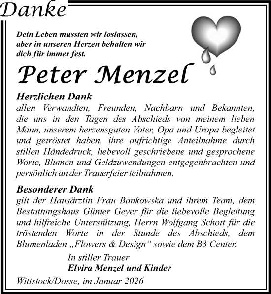 Traueranzeige von Peter Menzel von Wochenspiegel