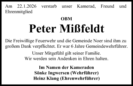 Traueranzeige von Peter Mißfeldt von Kieler Nachrichten