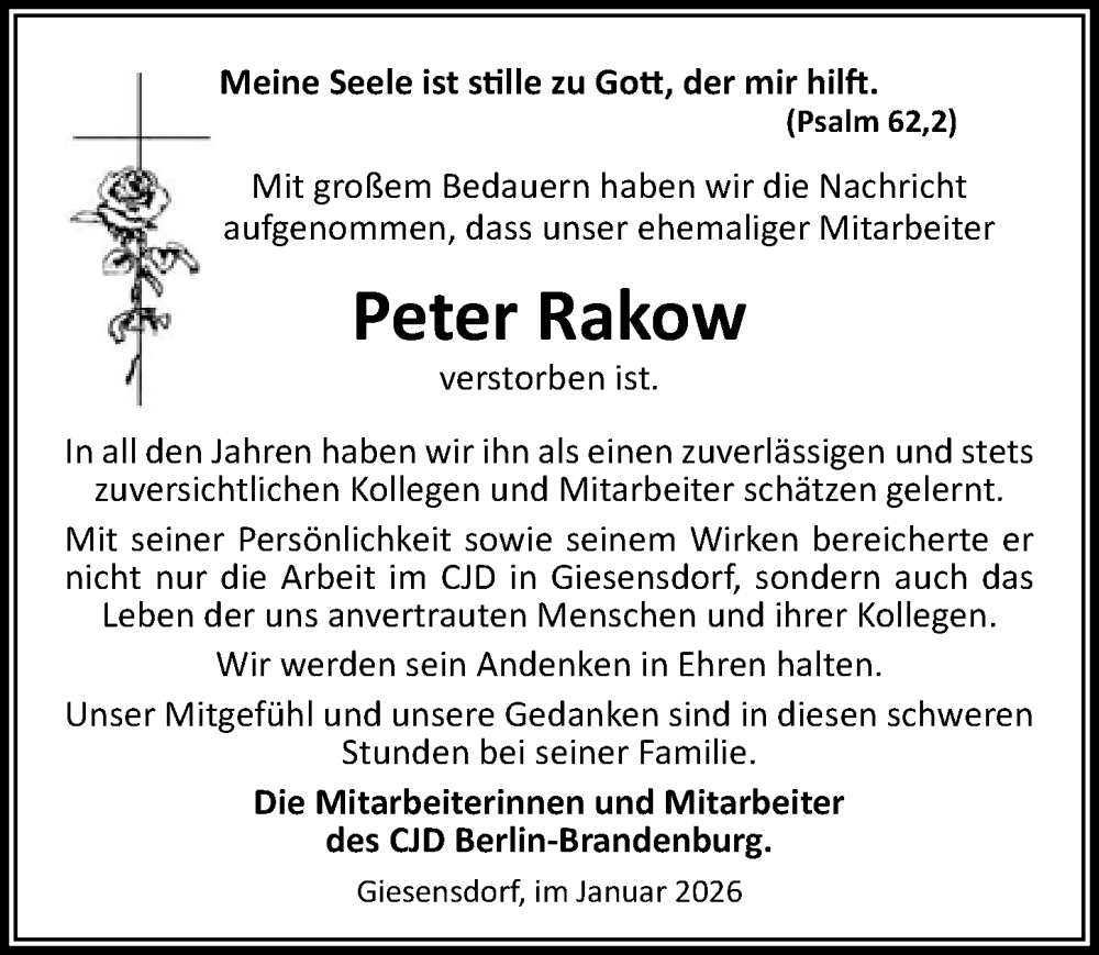  Traueranzeige für Peter Rakow vom 17.01.2026 aus Wochenspiegel