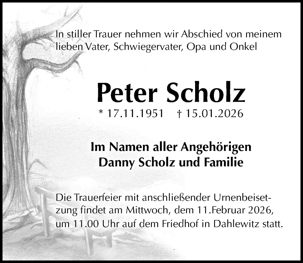  Traueranzeige für Peter Scholz vom 24.01.2026 aus Märkischen Allgemeine Zeitung