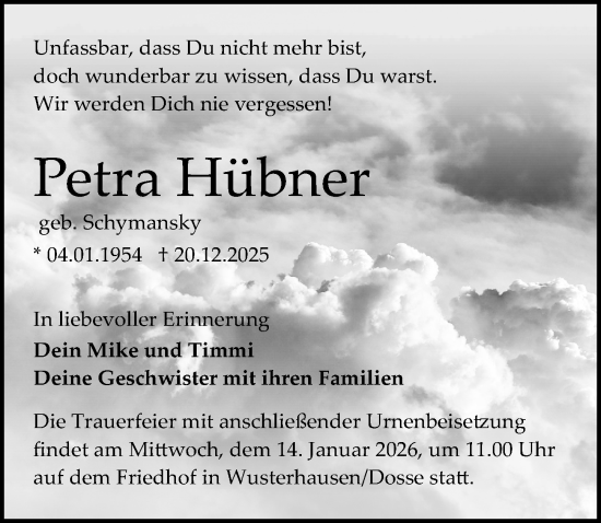 Traueranzeige von Petra Hübner von Märkischen Allgemeine Zeitung