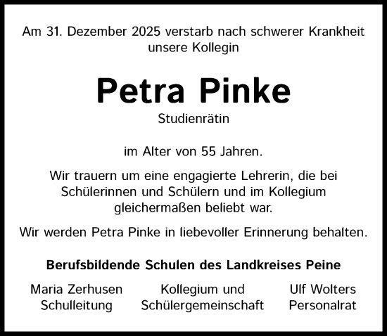 Traueranzeige von Petra Pinke von Peiner Allgemeine Zeitung