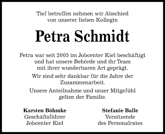Traueranzeige von Petra Schmidt von Kieler Nachrichten