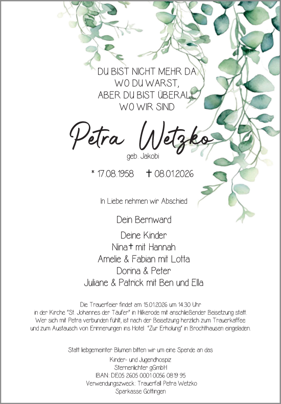 Traueranzeige von Petra Wetzko von Eichsfelder Tageblatt