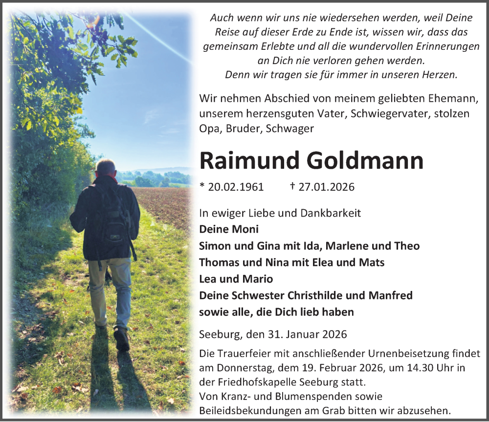  Traueranzeige für Raimund Goldmann vom 31.01.2026 aus Göttinger Tageblatt