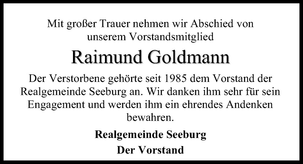  Traueranzeige für Raimund Goldmann vom 31.01.2026 aus Eichsfelder Tageblatt