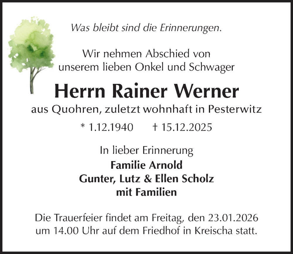  Traueranzeige für Rainer Werner vom 10.01.2026 aus Sächsische Zeitung