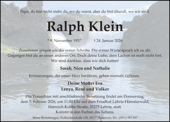 Traueranzeige von Ralph Klein von Hannoversche Allgemeine Zeitung/Neue Presse