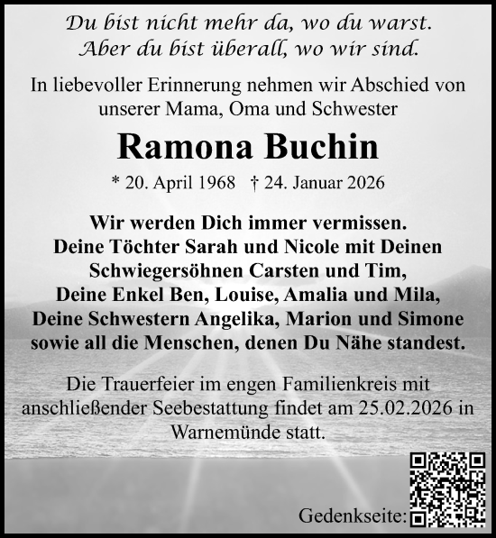 Traueranzeige von Ramona Buchin von Ostsee-Zeitung GmbH