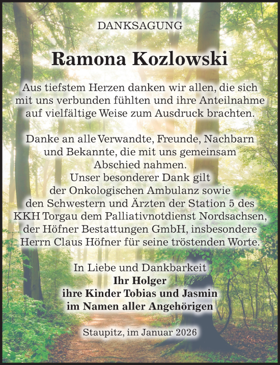 Traueranzeige von Ramona Kozlowski von Torgauer Zeitung