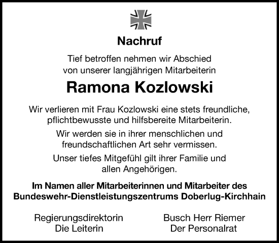 Traueranzeige von Ramona Kozlowski von Torgauer Zeitung