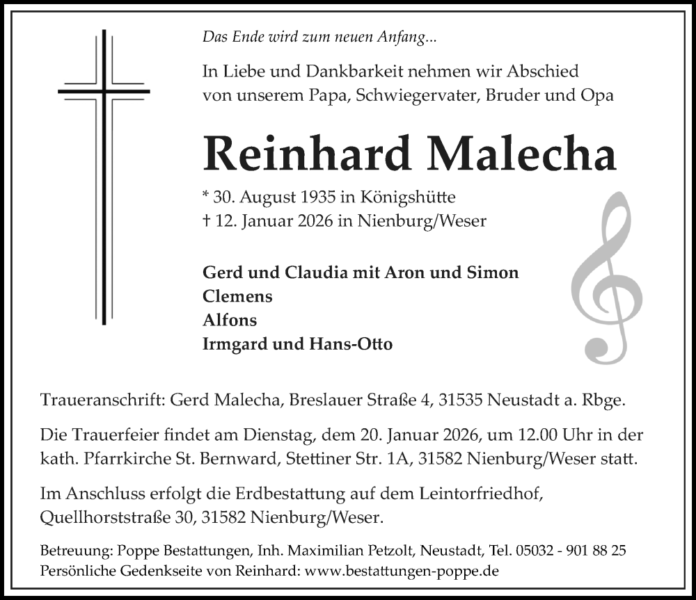  Traueranzeige für Reinhard Malecha vom 17.01.2026 aus Die Harke
