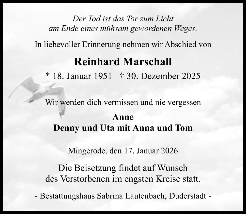  Traueranzeige für Reinhard Marschall vom 17.01.2026 aus Eichsfelder Tageblatt