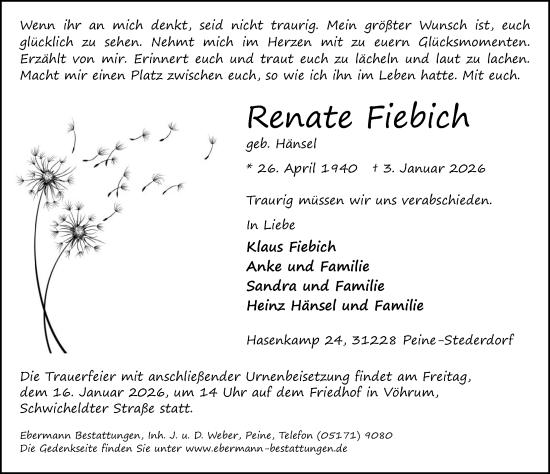 Traueranzeige von Renate Fiebich von Peiner Allgemeine Zeitung