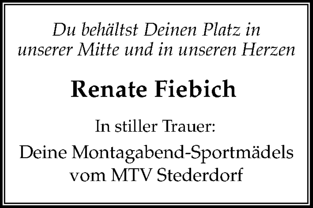  Traueranzeige für Renate Fiebich vom 17.01.2026 aus Peiner Allgemeine Zeitung