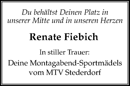 Traueranzeige von Renate Fiebich von Peiner Allgemeine Zeitung
