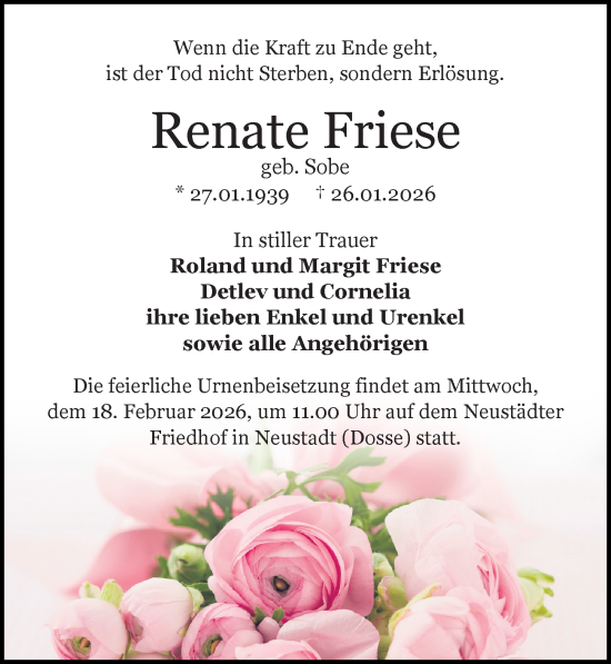 Traueranzeige von Renate Friese von Wochenspiegel