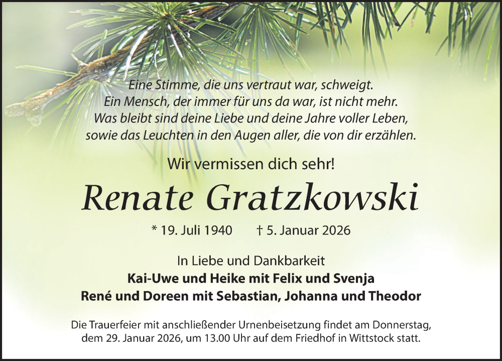  Traueranzeige für Renate Gratzkowski vom 17.01.2026 aus Wochenspiegel