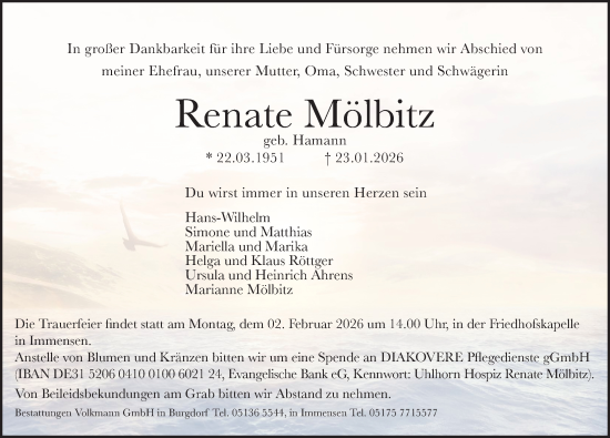 Traueranzeige von Renate Mölbitz von Hannoversche Allgemeine Zeitung/Neue Presse