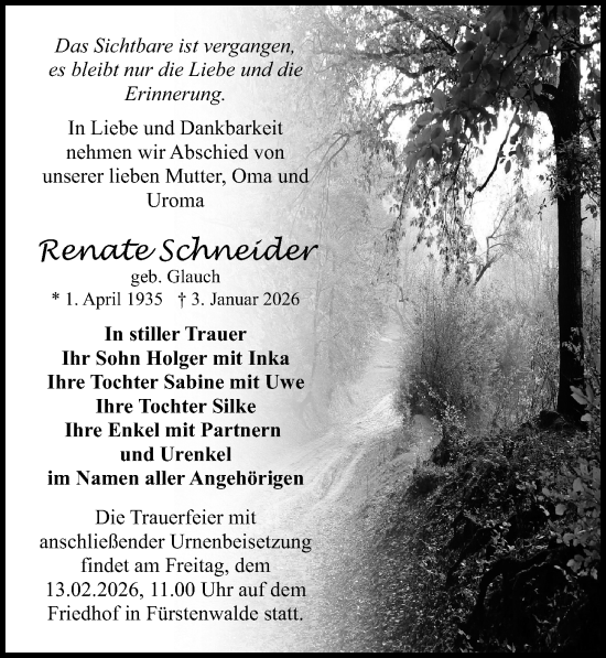 Traueranzeige von Renate Schneider von Sächsische Zeitung