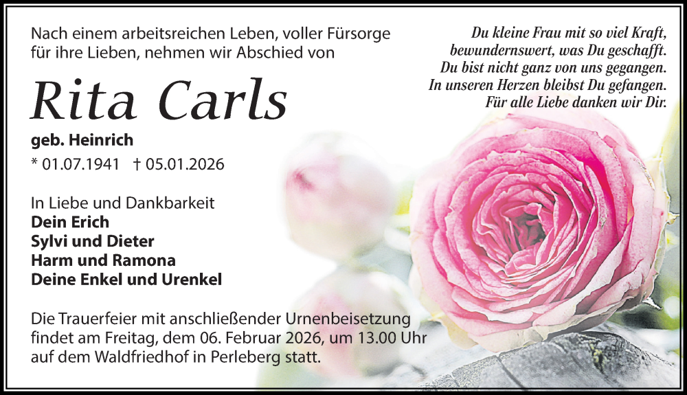  Traueranzeige für Rita Carls vom 31.01.2026 aus Wochenspiegel