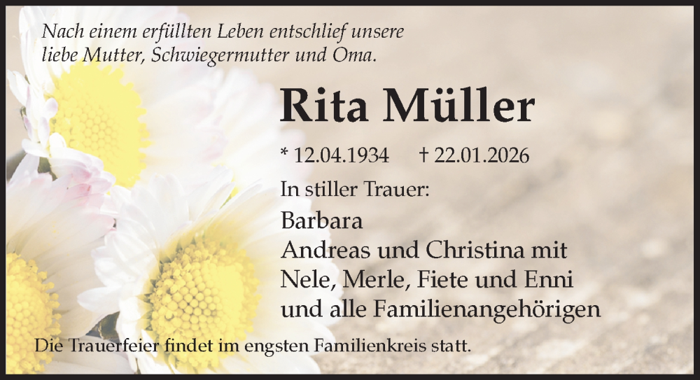  Traueranzeige für Rita Müller vom 24.01.2026 aus Aller Zeitung