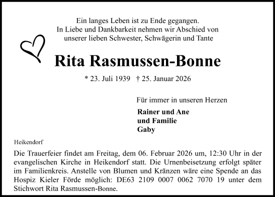 Traueranzeige von Rita Rasmussen-Bonne von Kieler Nachrichten