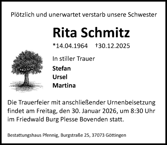 Traueranzeige von Rita Schmitz von Göttinger Tageblatt