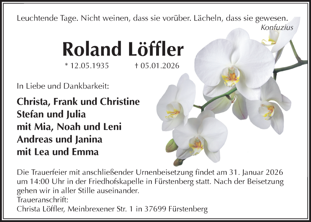  Traueranzeige für Roland Löffler vom 24.01.2026 aus Täglicher Anzeiger Holzminden
