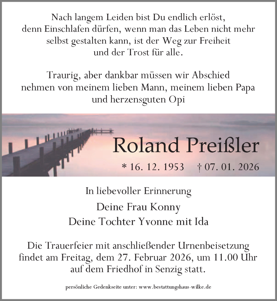  Traueranzeige für Roland Preißler vom 31.01.2026 aus Märkischen Allgemeine Zeitung