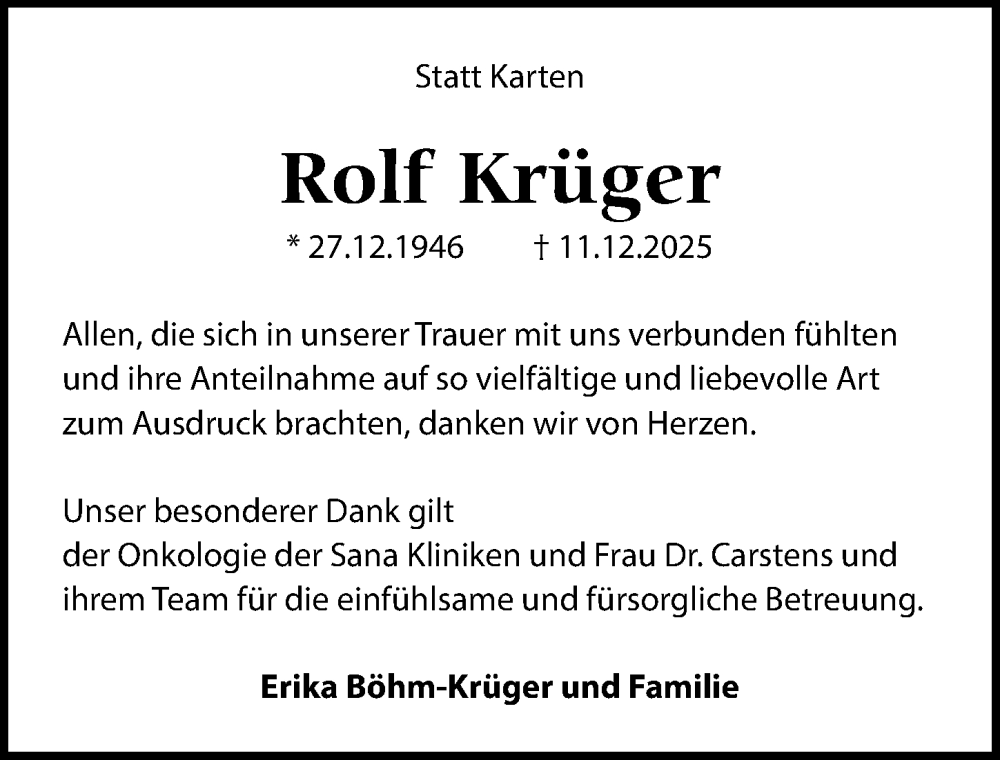  Traueranzeige für Rolf Krüger vom 25.01.2026 aus Lübecker Nachrichten