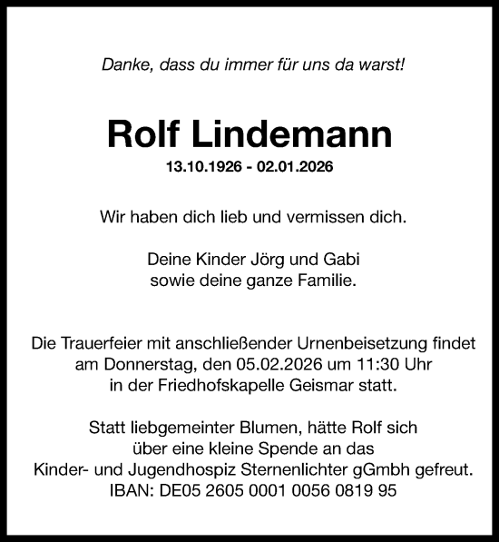 Traueranzeige von Rolf Lindemann von Göttinger Tageblatt