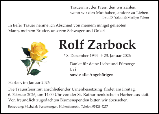 Traueranzeige von Rolf Zarbock von Peiner Allgemeine Zeitung