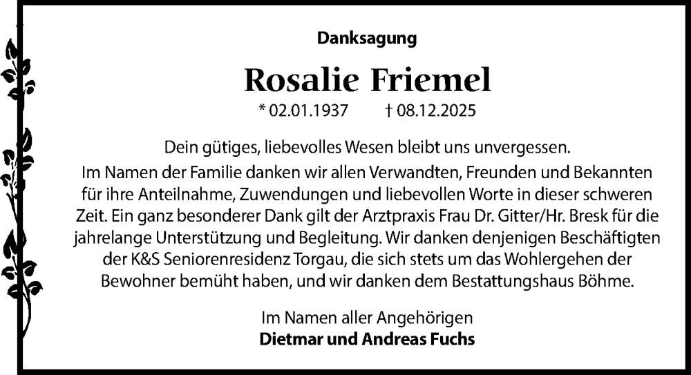  Traueranzeige für Rosalie Friemel vom 03.01.2026 aus Torgauer Zeitung