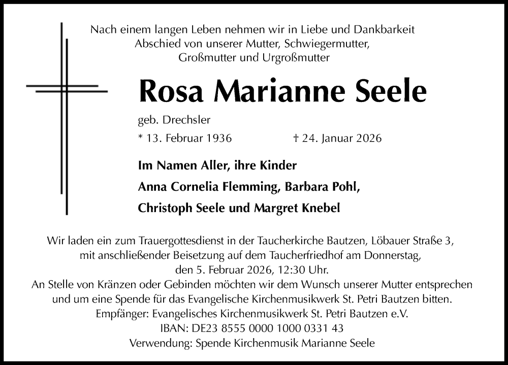  Traueranzeige für Rosa Marianne Seele vom 31.01.2026 aus Sächsische Zeitung