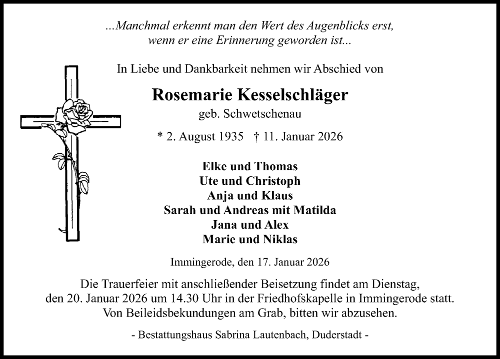  Traueranzeige für Rosemarie Kesselschläger vom 17.01.2026 aus Eichsfelder Tageblatt
