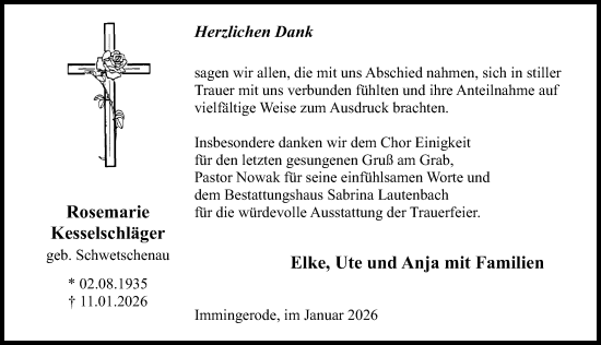 Traueranzeige von Rosemarie Kesselschläger von Eichsfelder Tageblatt