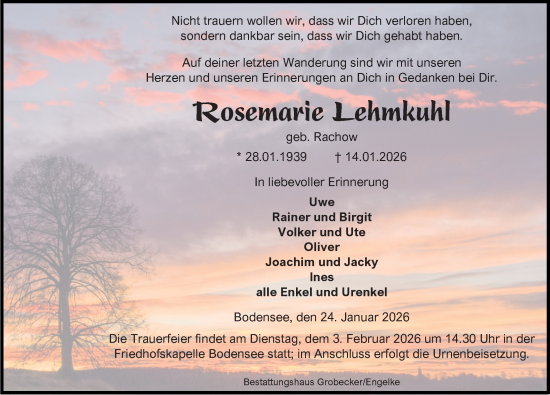 Traueranzeige von Rosemarie Lehmkuhl von Eichsfelder Tageblatt