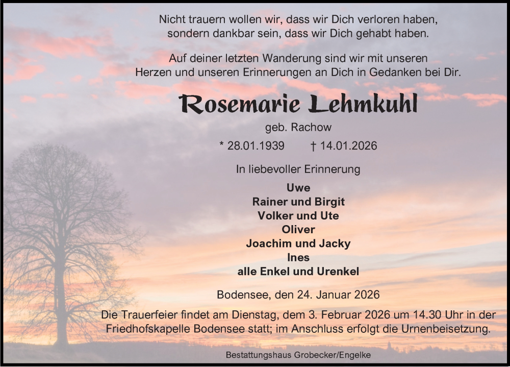  Traueranzeige für Rosemarie Lehmkuhl vom 24.01.2026 aus Eichsfelder Tageblatt