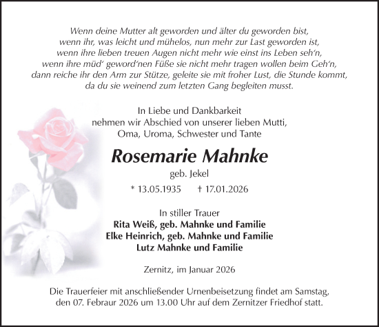 Traueranzeige von Rosemarie Mahnke von Wochenspiegel