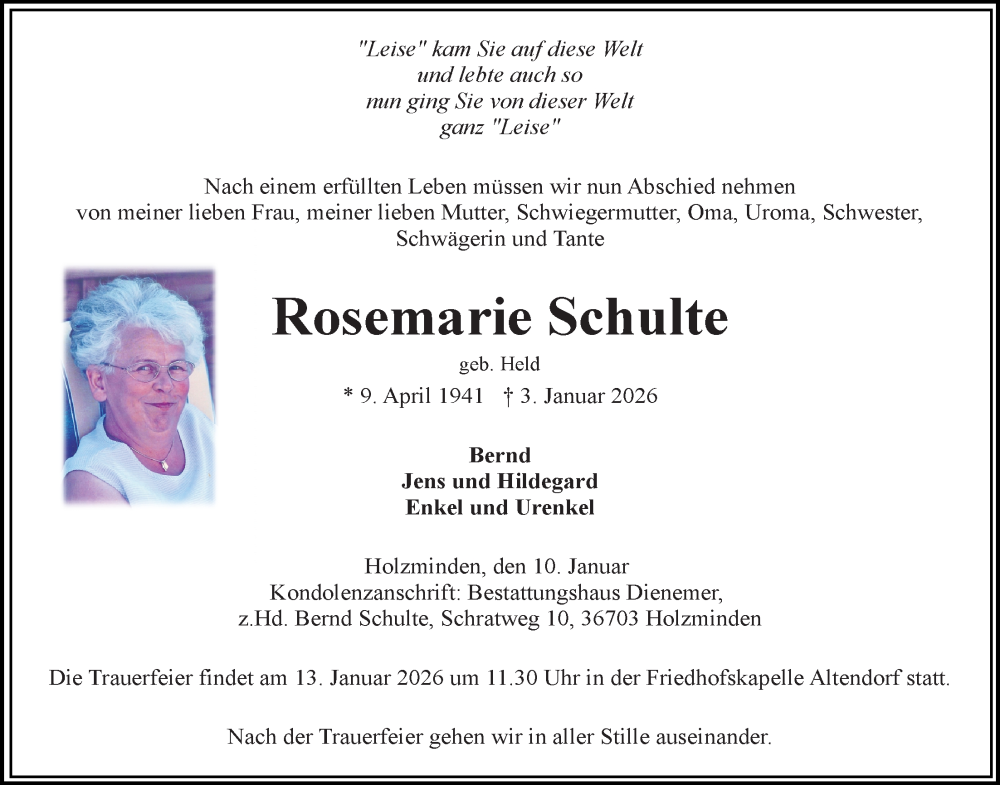  Traueranzeige für Rosemarie Schulte vom 10.01.2026 aus Täglicher Anzeiger Holzminden