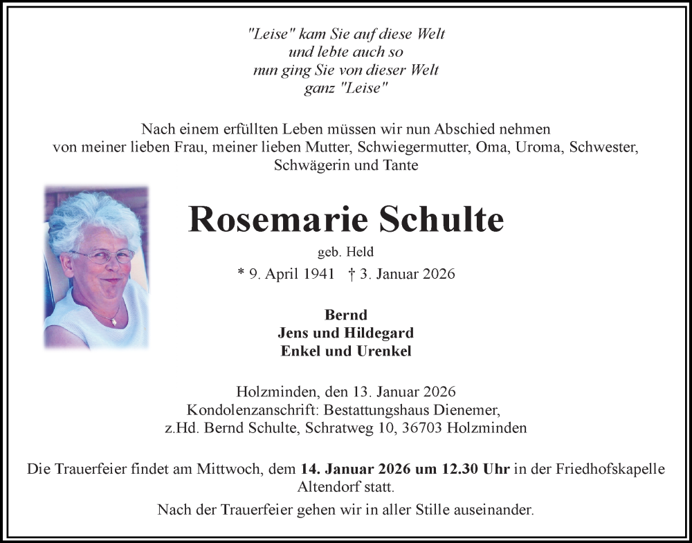  Traueranzeige für Rosemarie Schulte vom 13.01.2026 aus Täglicher Anzeiger Holzminden
