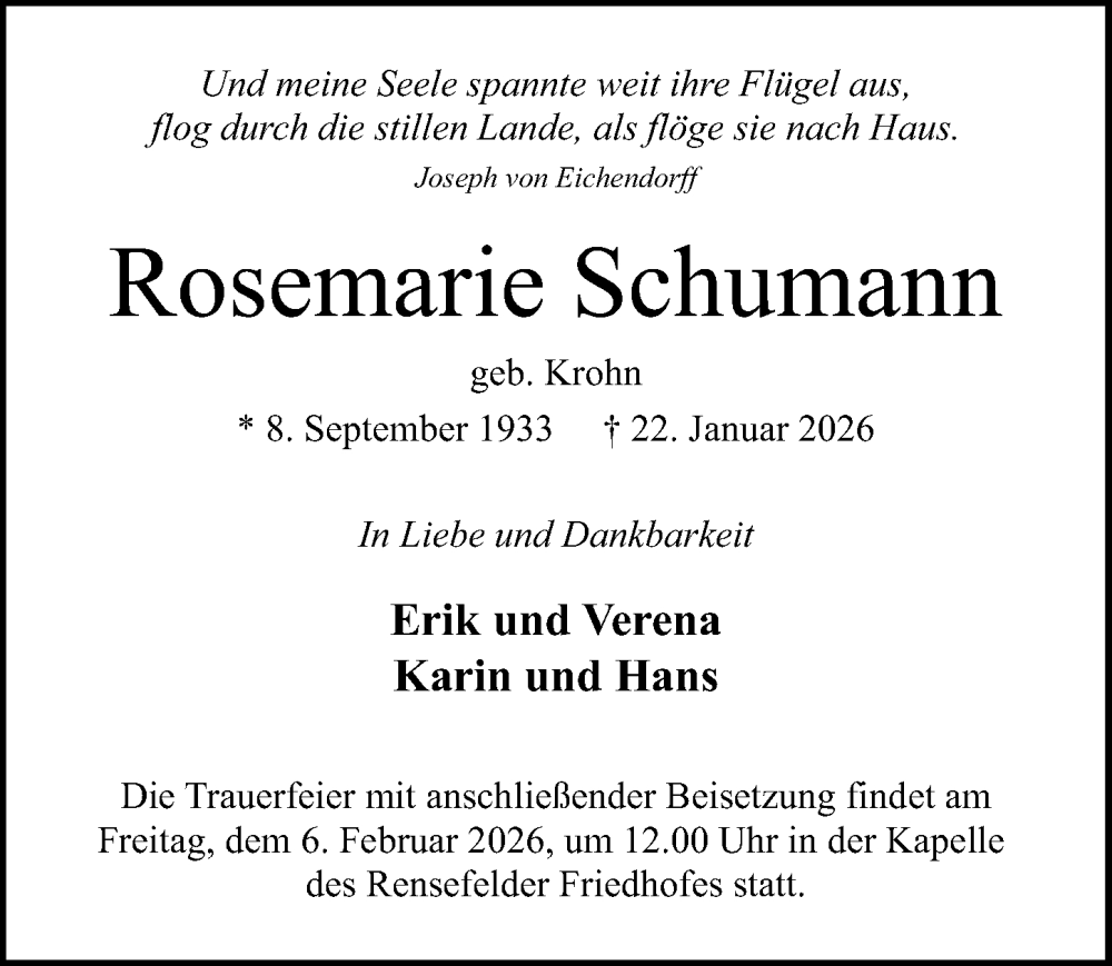  Traueranzeige für Rosemarie Schumann vom 25.01.2026 aus Lübecker Nachrichten