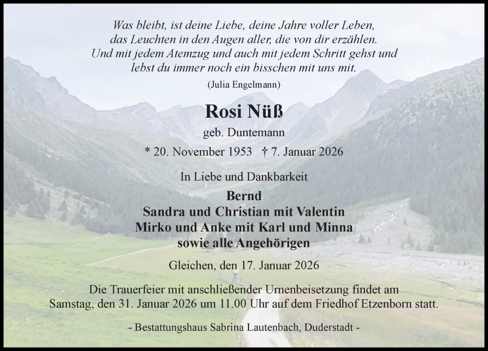  Traueranzeige für Rosi Nüß vom 17.01.2026 aus Göttinger Tageblatt