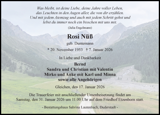 Traueranzeige von Rosi Nüß von Göttinger Tageblatt