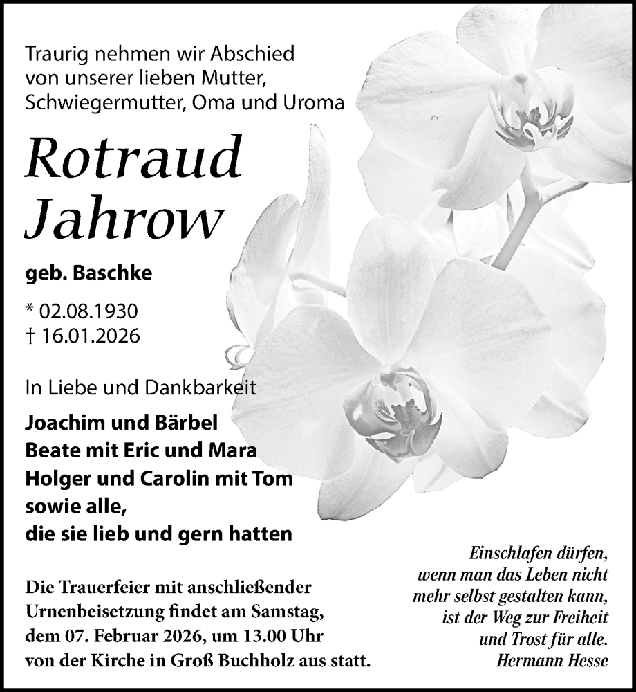  Traueranzeige für Rotraud Jahrow vom 31.01.2026 aus Wochenspiegel