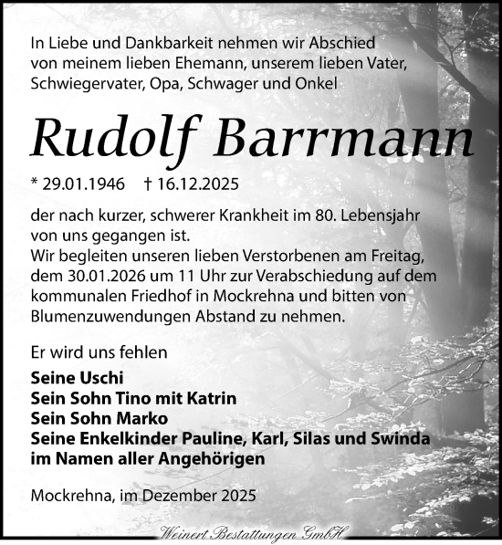 Traueranzeige von Rudolf Barrmann von Torgauer Zeitung